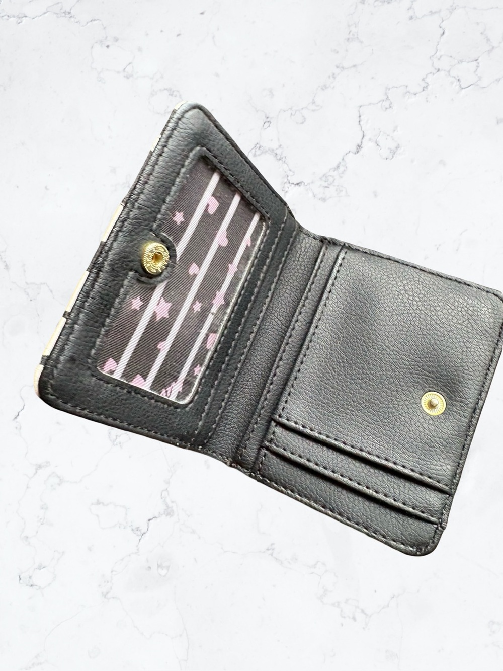 Betsey Johnson Black and White Polka Dot Zip-Around Wallet with Gold Plaque - Picture 3 of 4